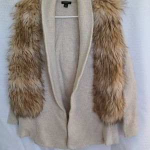 Ann Taylor Faux Fur trimmed sweater jacket